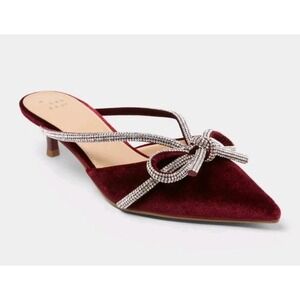 A New Day Burgundy Velvet Rhinestone Bow Mules Pointed Toe Kitten Heels 9.5